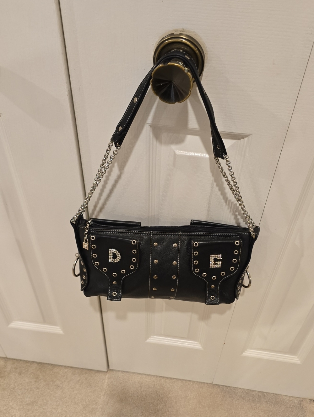 Black Studded Shoulder Bag with Rhinestone Letters
